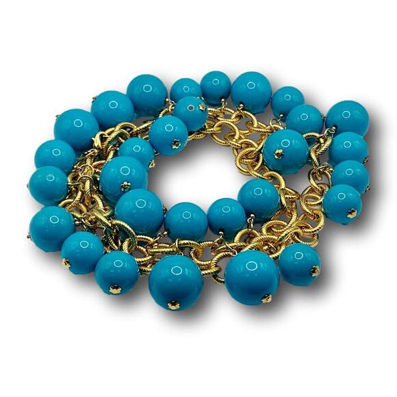 Vintage Kenneth Jay Lane Chunky Turquoise Blue & Gold Beaded Dangle Necklace 30” - Picture 3 of 8